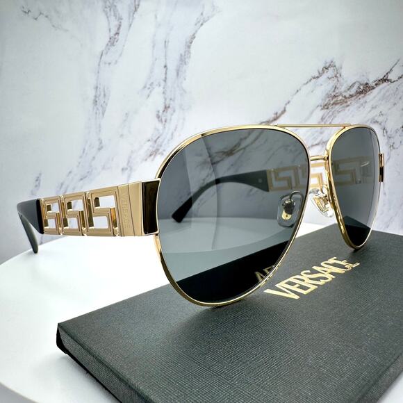 New VERSACE Sunglasses Gold Aviator Pilot Metal Greca Logo Black